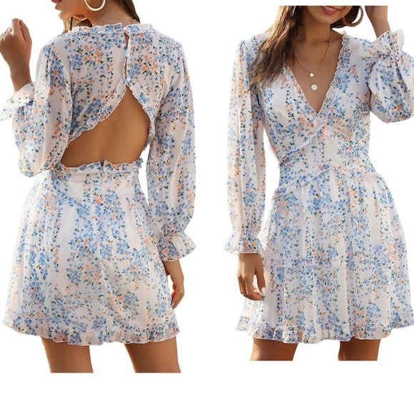Dresses & Skirts - Small Sexyshine Women‘s Deep V Neck Ruffle Floral Print Open Back Mini Dress
